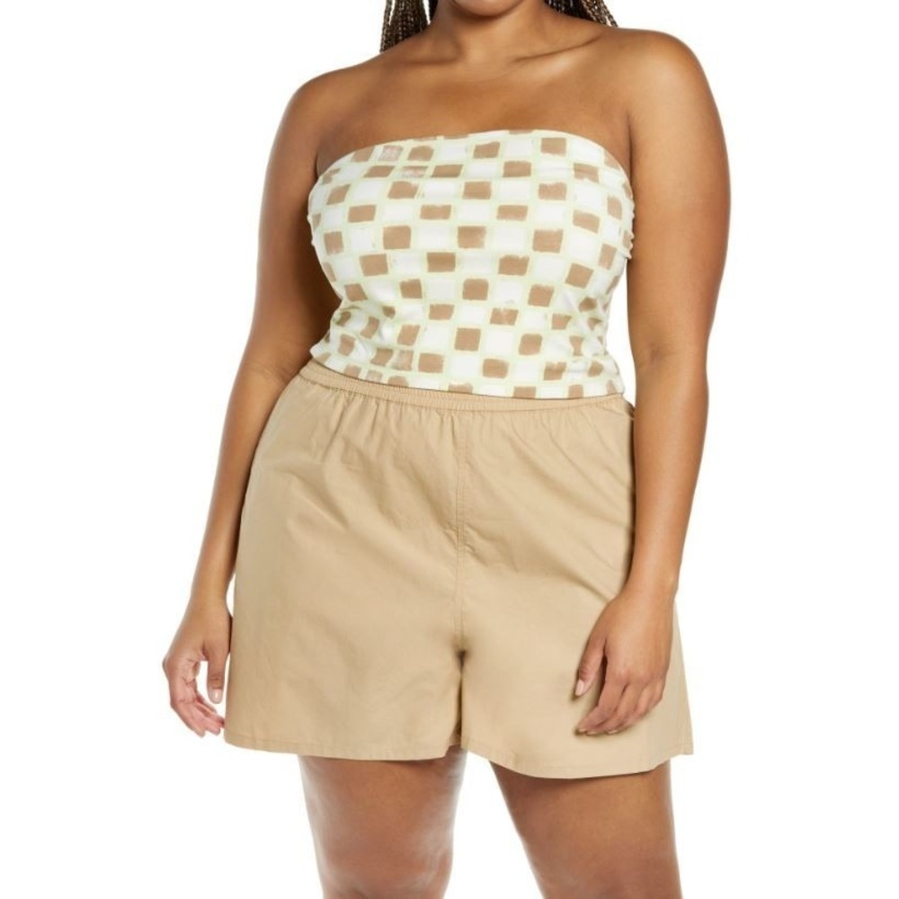BP. Women's Plus Size Cotton Blend Tube Top in Green Ivory Tic Tac Check Size 1X